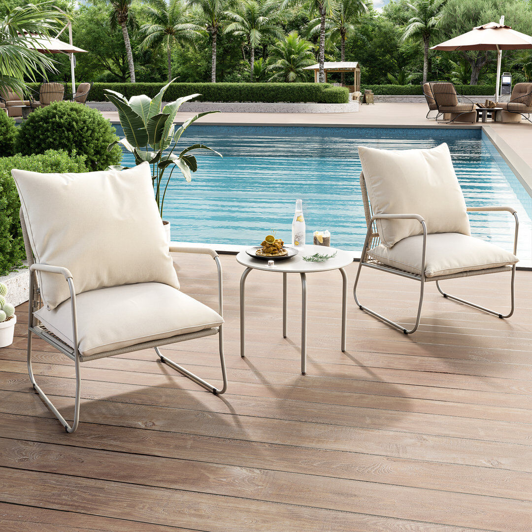 ClassicLiving 3-Piece Garden Conversation Set,Breathable Woven PE Rattan Chairs with Washable Cushions & Round Metal Coffee Table Beige 2
