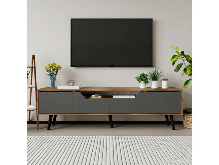Meuble TV 180 - 4 portes MARFA - Anthracite / Noyer