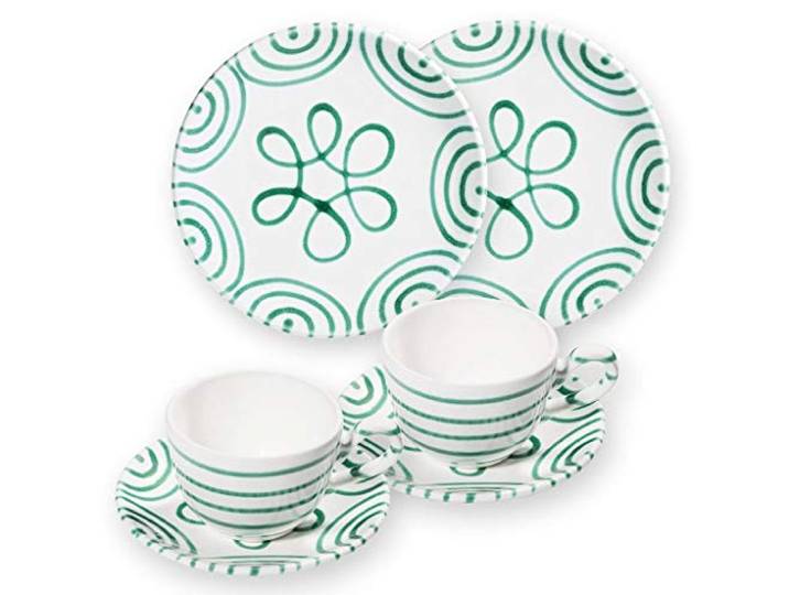 GMUNDNER KERAMIK Breakfast for two Classic Geschirrset Grüngeflammt Geschirr, handgemacht in Österreich
