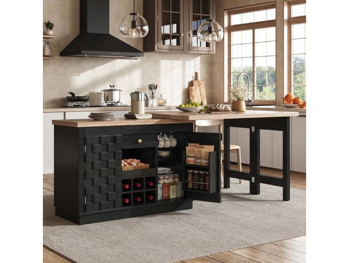 SENVIRO îlot de cuisine rotatif 360° 120 à 197 cm noir MDF