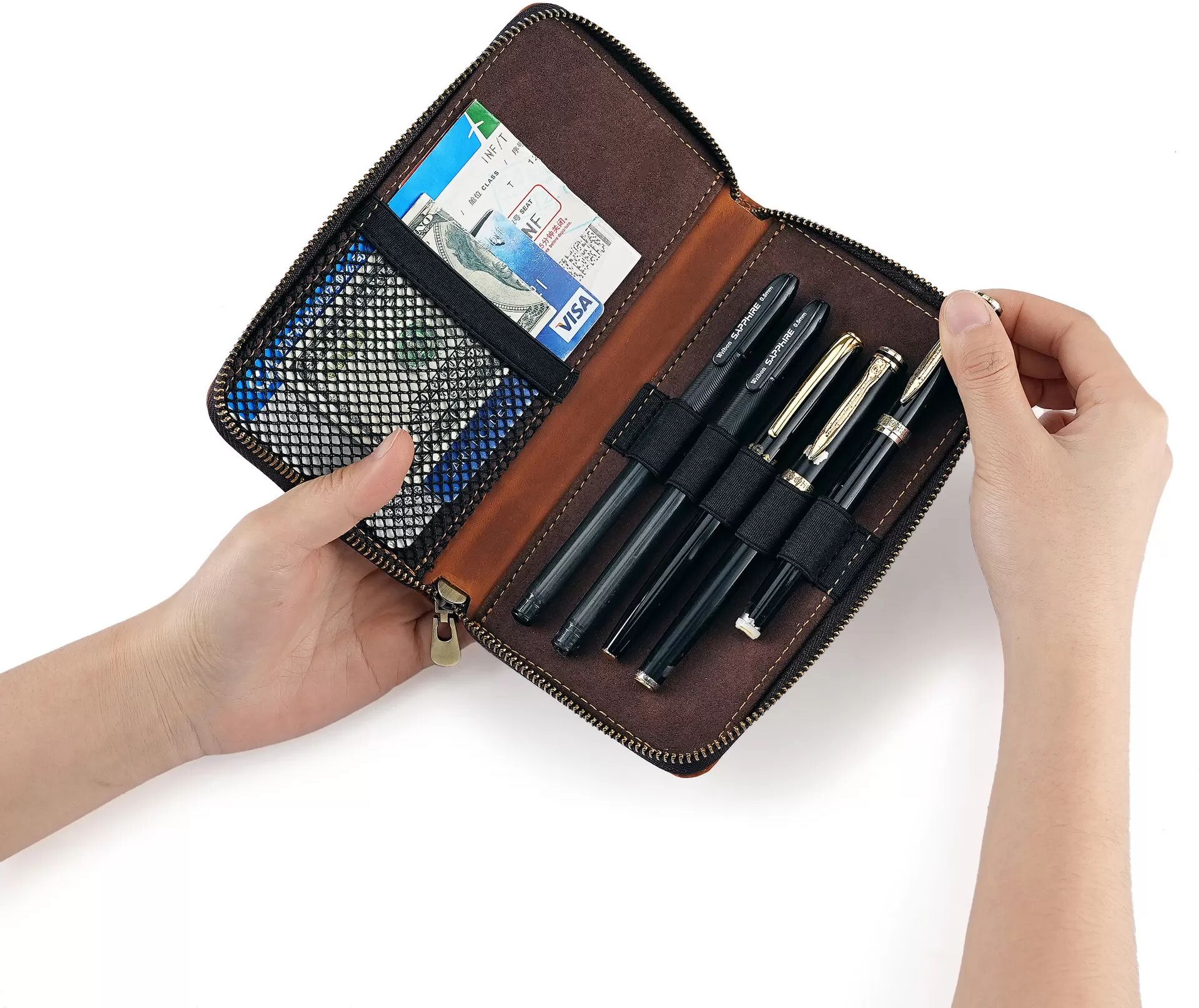 INF Premium Leder Stifteetui mit Reißverschluss - Kaffeebrauner Organizer