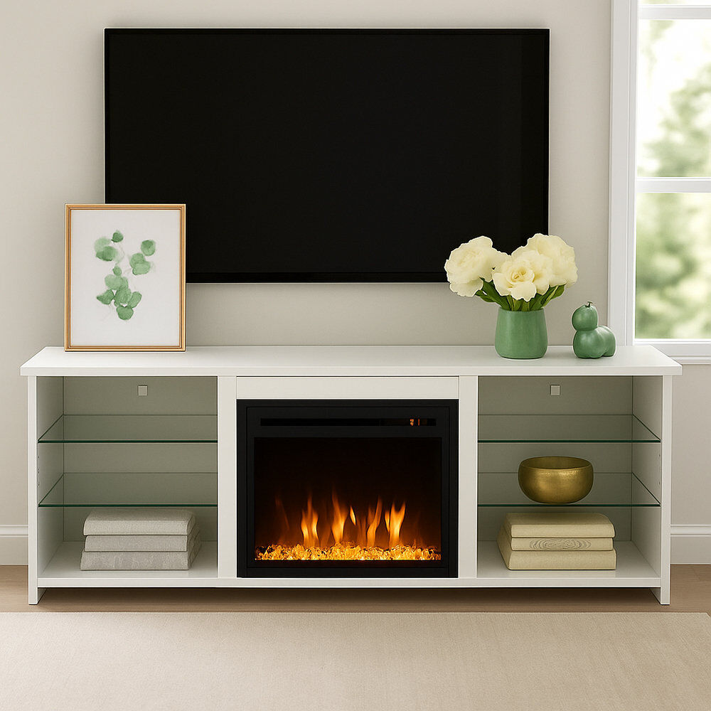 Latitude Run 17 Stories Freestanding TV Stand Entertainment Center with 18" Fireplace White 75"