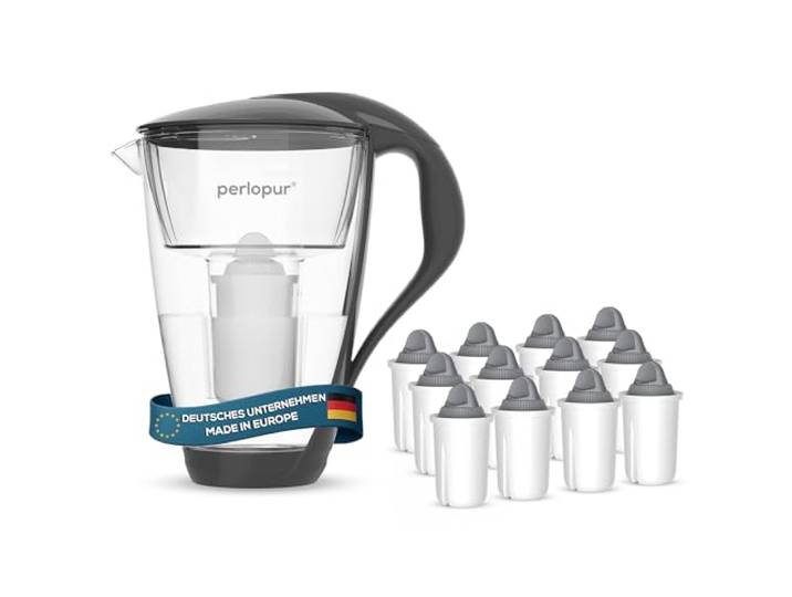 perlopur® Glas-Wasserfilter (anthrazit) +12 Filterkartuschen Protect+ Borosilikatglas, 2 l gesamt, 1 l gefiltert, LED-Anzeige, für classic Kartuschen, für sehr hartes Wasser, starke Entkalkung
