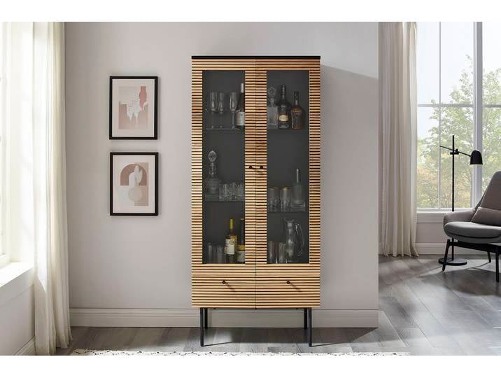 Vitrine SALESFEVER Torsby Designer Vitrine in edler Optik , beige (natur, schwarz), B:79cm H:179cm T:43cm, Furnier, MDF, Metall, Schränke, Vitrine, Eiche Echtholzfurnier