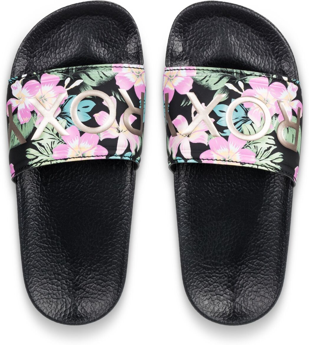 Sandale ROXY "Rg Slippy Ii", Mädchen, Gr. 11(28), pink (schwarz, pink stencil), Obermaterial: 100% PU, Futter: 100% Textil, Laufsohle: 100% EVA., Schuhe Sandale schwarz, pink stencil 11(28)