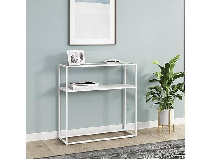 [en.casa] Konsolentisch Kuhmo mit Glastischplatte Beistelltisch mit Ablage Flurtisch Schmal Standregal Ablagetisch Flurmöbel Industrial Design 80x80x30 cm für Vorzimmer, Wohnzimmer Metall Weiß