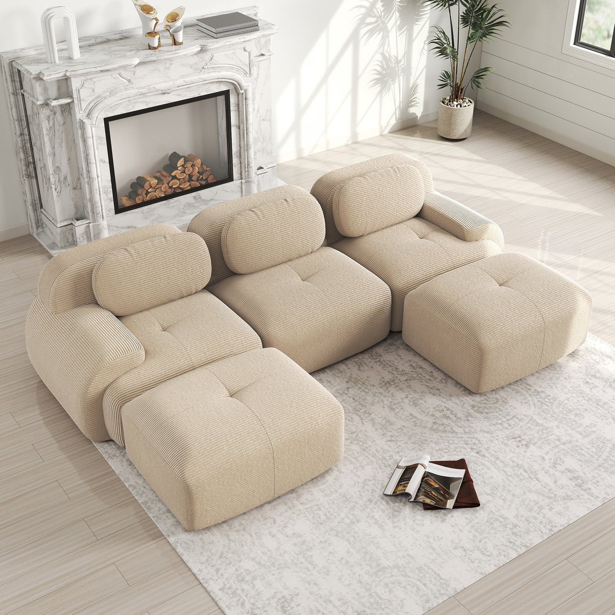 Zubaliya U-Bank 3-Zits Modulaire U-vormige Bank van Corduroy Stof in Beige