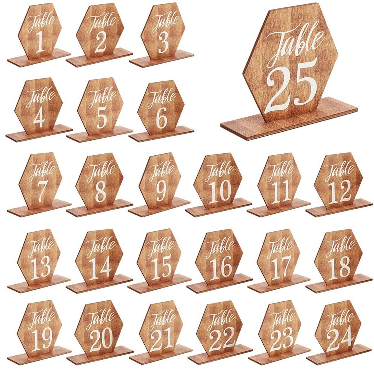 Dailygoods Tafelnummers Set van 25 - Zeshoekig - Houten Basis