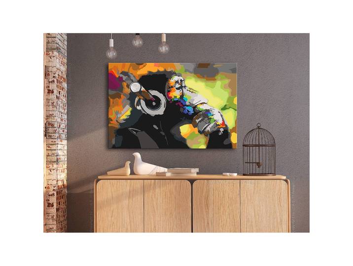 Tableau déco Singe avec écouteurs Lin Multicolore 60 x 40cm