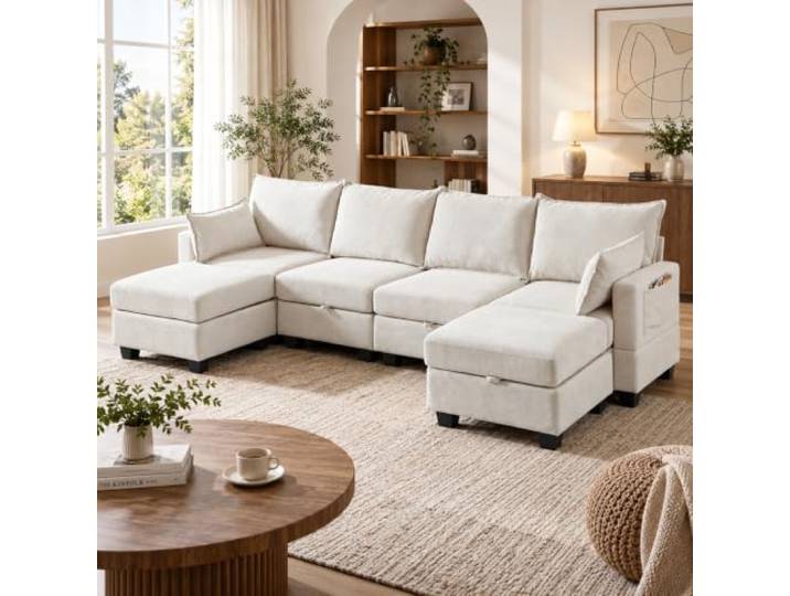 Modulares Sofa 6 Sitzer, Chenille Ecksofa mit Stauraum (Beige) U-förmige Wohnlandschaft mit Chaiselongue, verstecktem Stauraum und flexibler Modul-Kombination fürs Wohnzimmer