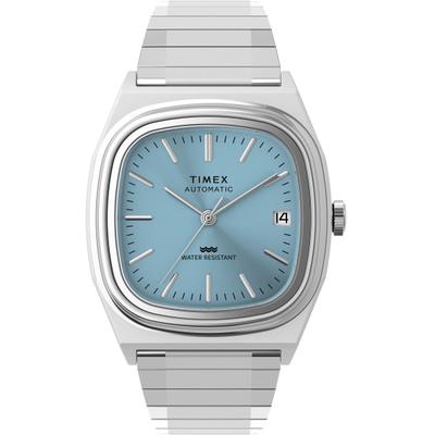 Automatikuhr TIMEX "E Line", silberfarben, blau, blau, Armbanduhren, Herren, silberfarben, Automatikuhr, Armbanduhr, Herrenuhr, Mechanische Uhr, Edelstahlarmband, analog, Tag