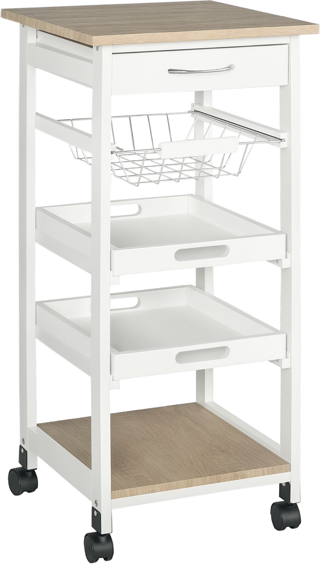 Altro Carrello Da Cucina Salvaspazio In Legno Di Pino E Mdf, Carrello Portaoggetti Con Cassetto, Cestello, 2 Vassoi E 4 Ruote Universale, 37x37x82cm, Bianco