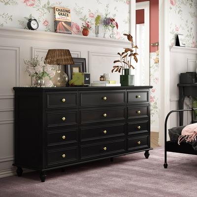 Timechee Modern Farmhouse 9/12 Drawer Double Dresser, 63 Inch Wide Bedroom Storage Dresser with Gold Hardware, White / Black Finish