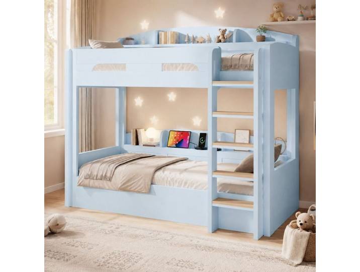 VUENOR Lit superposé 90x200 cm bleu clair – USB intégrée étagères