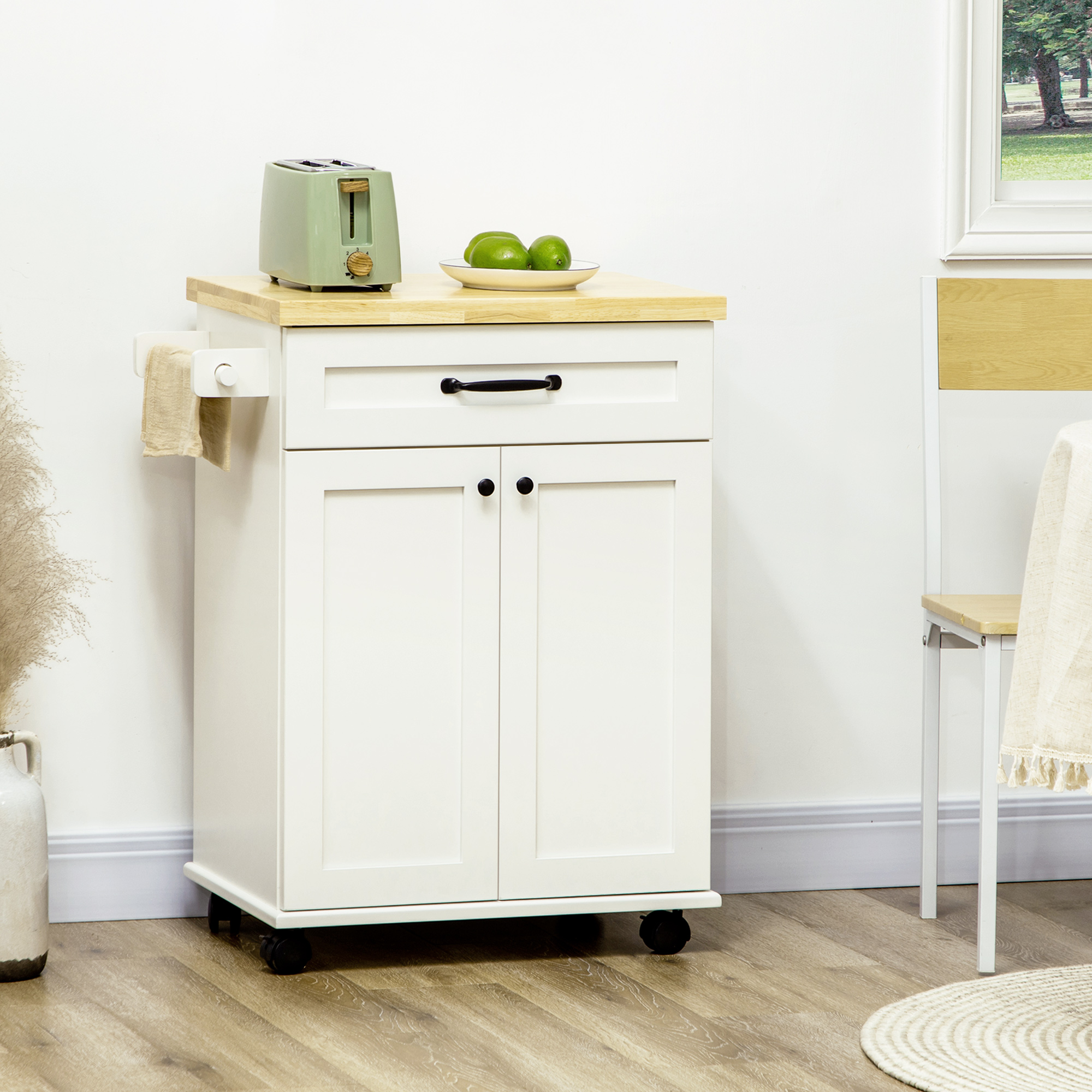 Homcom Carrello da cucina a rotelle multi-ripiani 1 cassetto 1 armadio 1 portasciugamani bianco e piano in legno