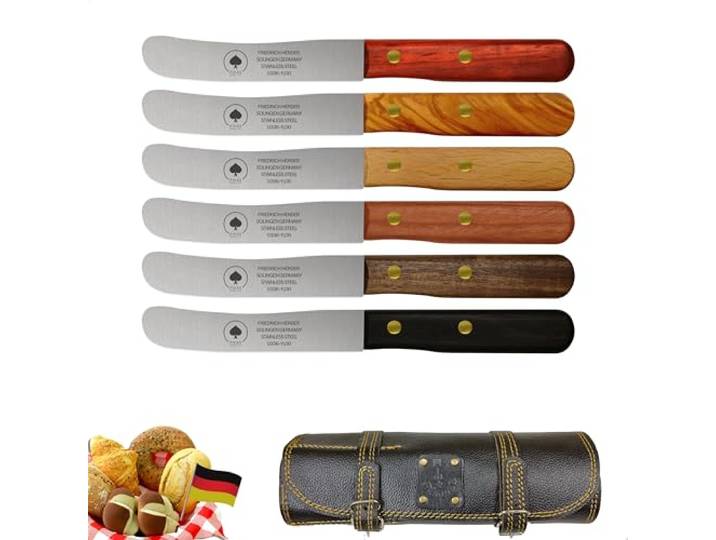 Solingen Messer 6er Set ohne Wellenschliff inkl. hochwertiger Ledertasche, edler Holzgriff, Premium Buckelmesser, Frühstücksmesser, Brötchenmesser, rostfreie Klinge, extra scharfes Küchenmesser