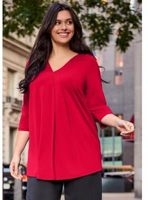 Plus Size Women's V Neck Pleat Front Tunic by Avenue in Vibrant Red (Size 20)