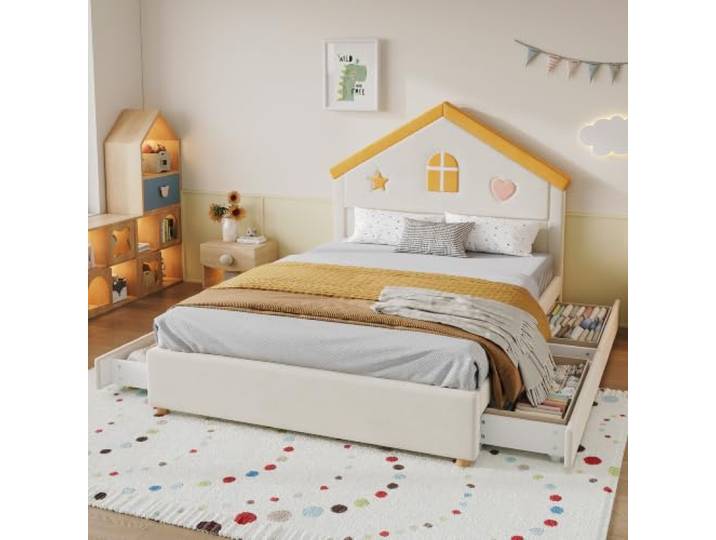 ModernLuxe Hausbett Stauraumbett Polsterbett 140x200 cm,4 Schubladen,Beige Gepolstertes Haus-Kopfteil aus französischem Samt, 220 kg belastbar, mit vier Schubladen, ohne Matratze