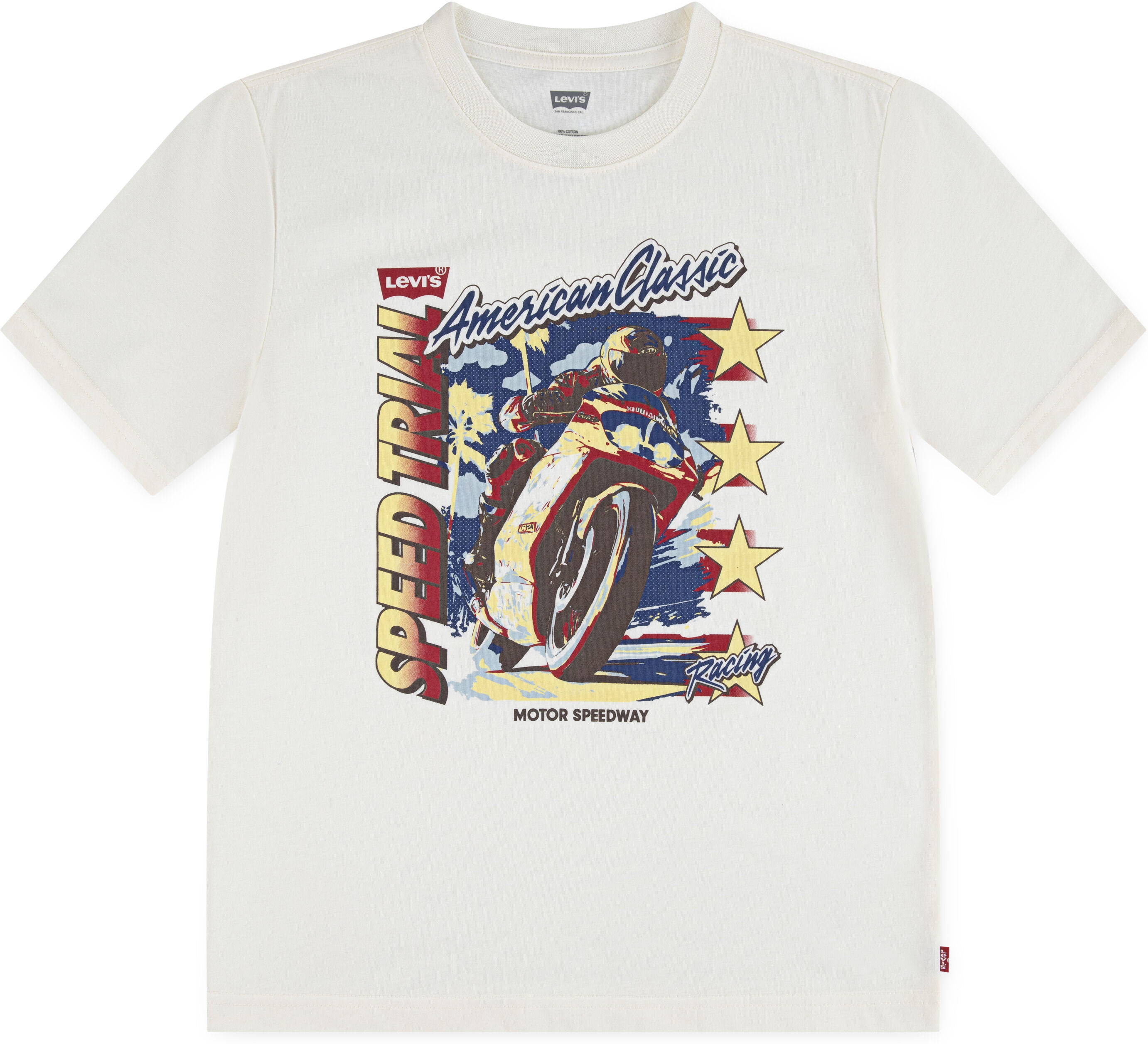 T-Shirt LEVI'S KIDS "LVB SPEED TRIAL TEE", Jungen, Gr. 8 (128), beige (levi's egret), Jersey, Obermaterial: 60% Baumwolle, 40% Polyester, bedruckt, normal hüftbedeckend, Rundhals, Shirts T-Shirt, for Boys, mit grossem Frontprint levi's egret 8 (128)