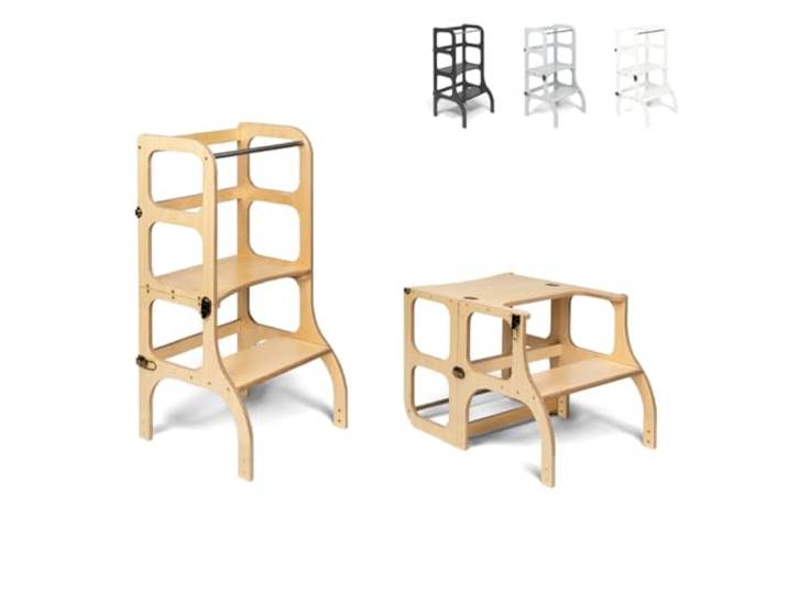 Klappbarer Lernturm mit Sitzfunktion, 45 cm Stehhöhe, Step’n’Sit, Lernturm mit Sitz und Tisch umklappbar, Birkenholz, UV-Lackiert, Holz mit Messing Beschlägen