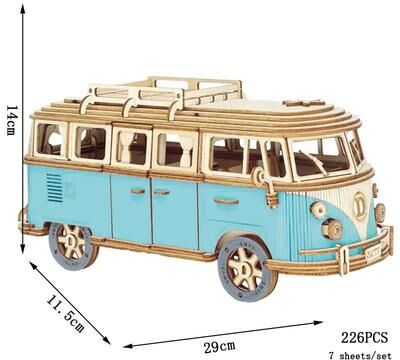Uplifted Finds Retro Wooden Campervan 3D Car Puzzle DIY Model For Children blue Campervan