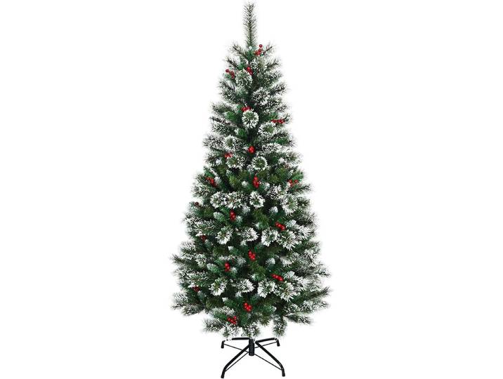 COSTWAY 180cm Künstlicher Weihnachtsbaum mit roten Beeren, schneebedeckter Tannenbaum mit Metallständer, Christbaum PVC Nadeln, Kunstbaum Weihnachten