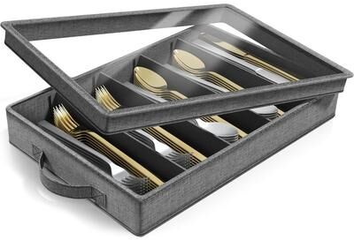 Sorbus Flatware Cutlery Storage Chest with Clear Lid, Great Fabric Container Box, Gray