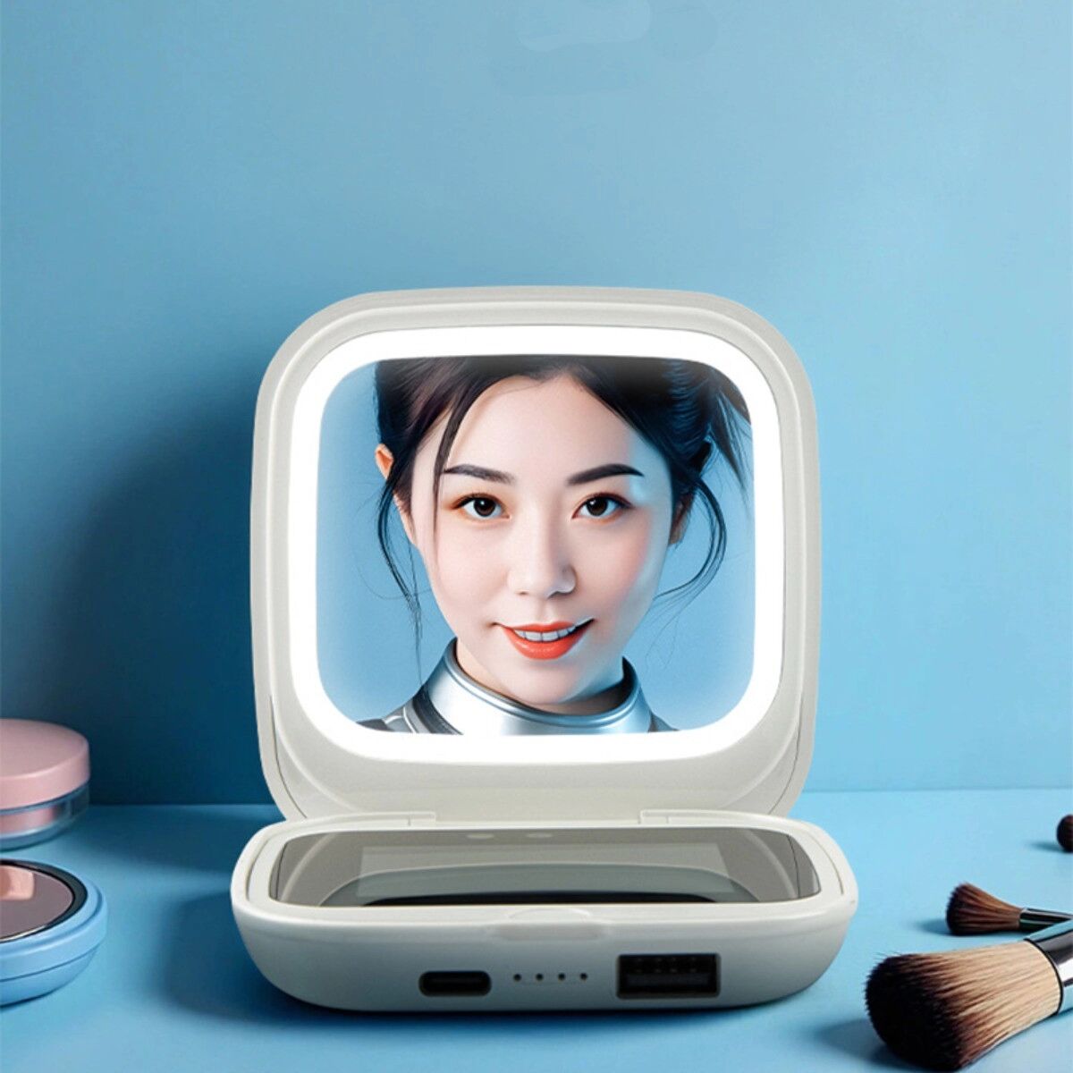 INF Intelligenter UV-Fülllicht Make-up-Spiegel mit UV-Kamera, LCD-Sonnenschutz-Erkennung, 360° Tageslicht-LED, 2x Vergrößerung