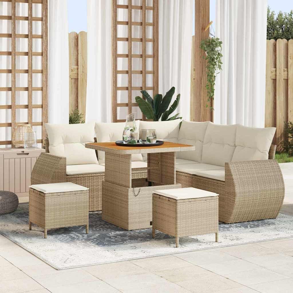 8-teiliges Gartensofa-Set aus beigem Poly-Rattan mit modularem Möbel-Set, verstellbarem Tisch und UV-Beständigkeit für Terrasse und Balkon, für 7 Personen