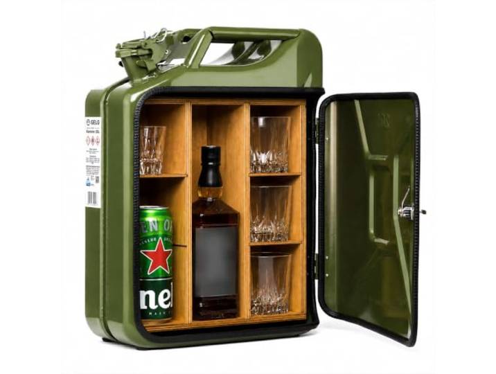Totoll Shop 20L Kanister Bar inkl. 3 Whisky Gläser- Jerrycan 4 Herausnehmbaren Fächern Grüner Metall Mobile Bar Geburtstagsgeschenk für Männer, Abschließbarer Minibar - Größe: 36x46x18cm