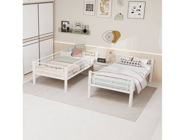 Lit superposé métallique AESVAR blanc 90 x 190 cm convertible en 2 lits simples avec échelle