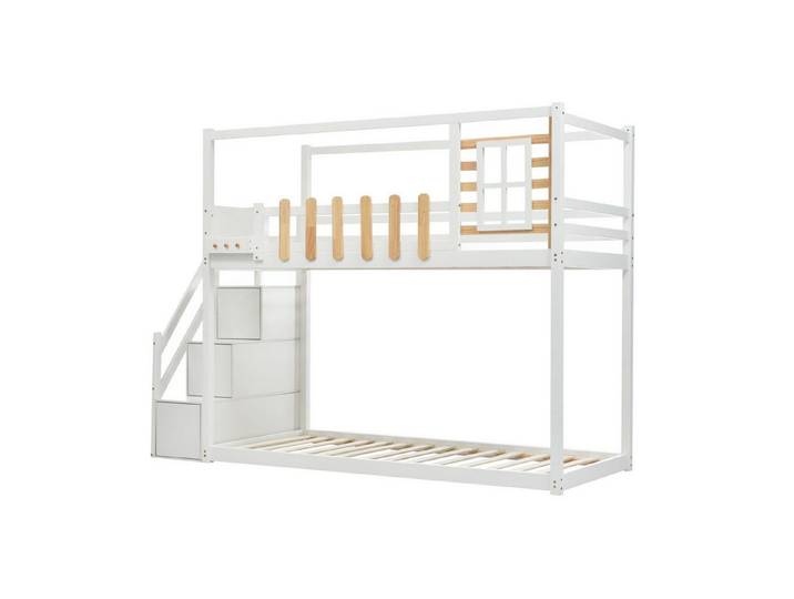 Odikalo Kinderbett Etagenbett Treppe Fenster Regalkasten 3 Schließfach Fallschutz 90x200