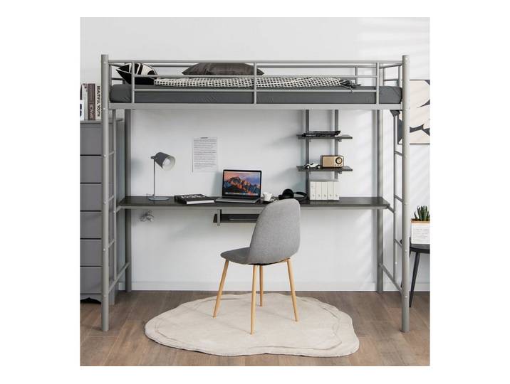 COSTWAY Hochbett mit Schreibtisch & Regalen, 2 Leitern, für Teenager & Erwachsene
