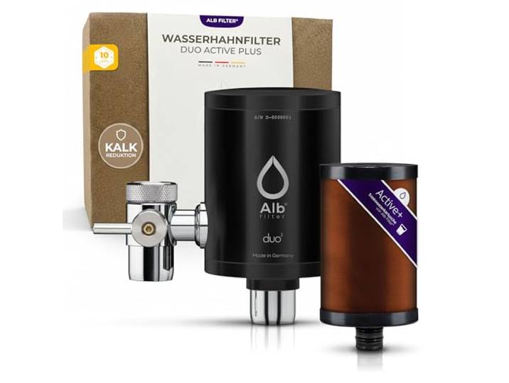 Alb Filter DUO ACTIVE PLUS Wasserfilter Wasserhahn Edelstahl Schwarz Gegen Schadstoffe & Kalk PLUS Keimsperre bis 0,7 µm, Trinkwasserfilter Küche mit Umschalthebel, Made in Germany