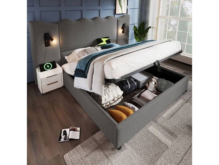 Lit capitonné - PAGE LIVING - PAGE Living - 180x200 cm - Coffre de rangement - Tête de lit LED avec USB‑C