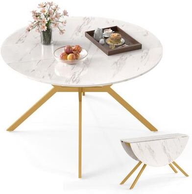 Costway Folding Dining Table 47 Inch Extendable Round Kitchen Table with Drop Leaves-White