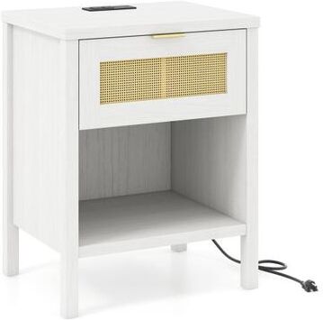 Costway Rattan Nightstand with Charging Station and Storage Shelf for Bedroom-White