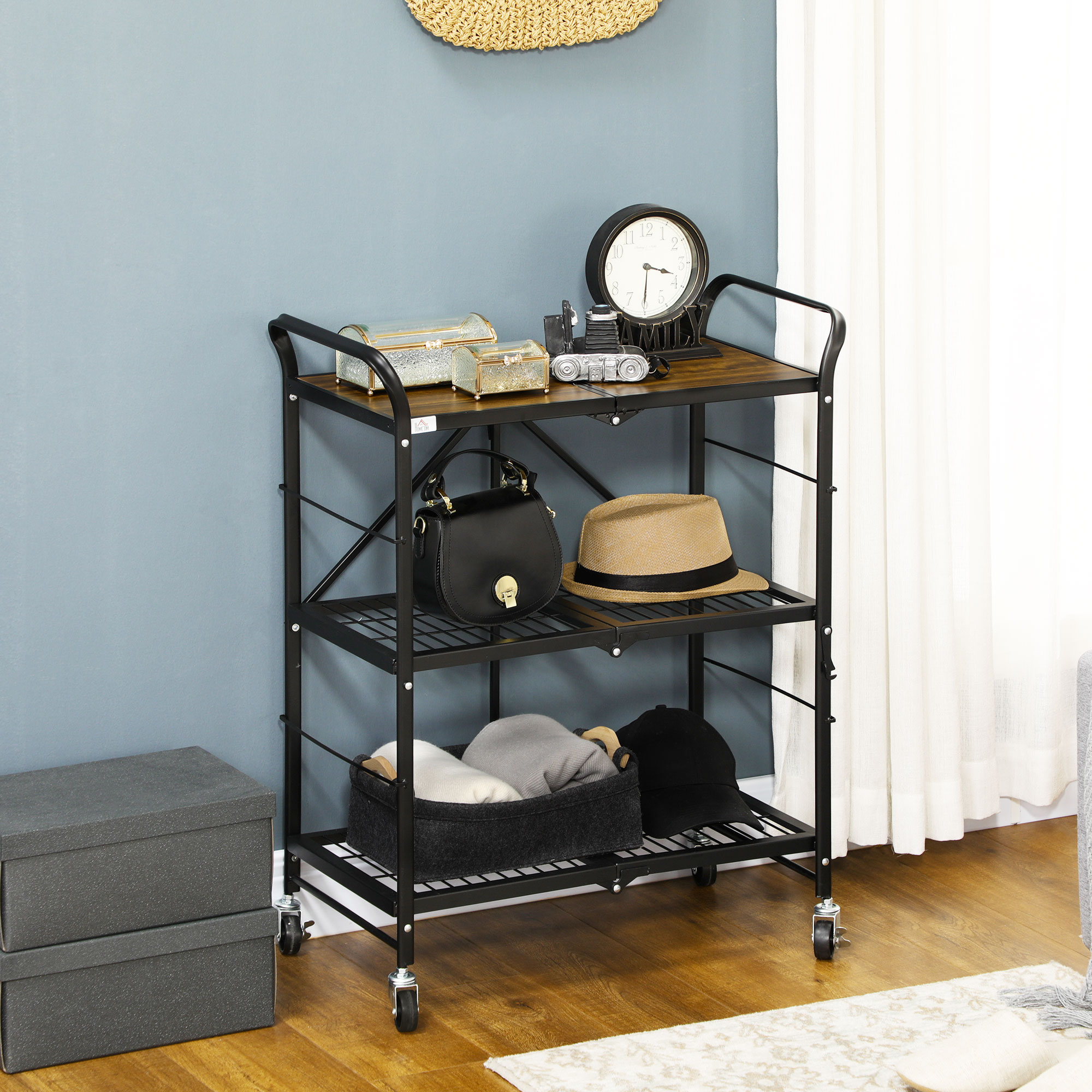 Homcom Carrello da cucina dal design industriale, con 3 ripiani, carrello multiuso, carrello da servizio, 4 ruote, pieghevole, Marrone + Nero