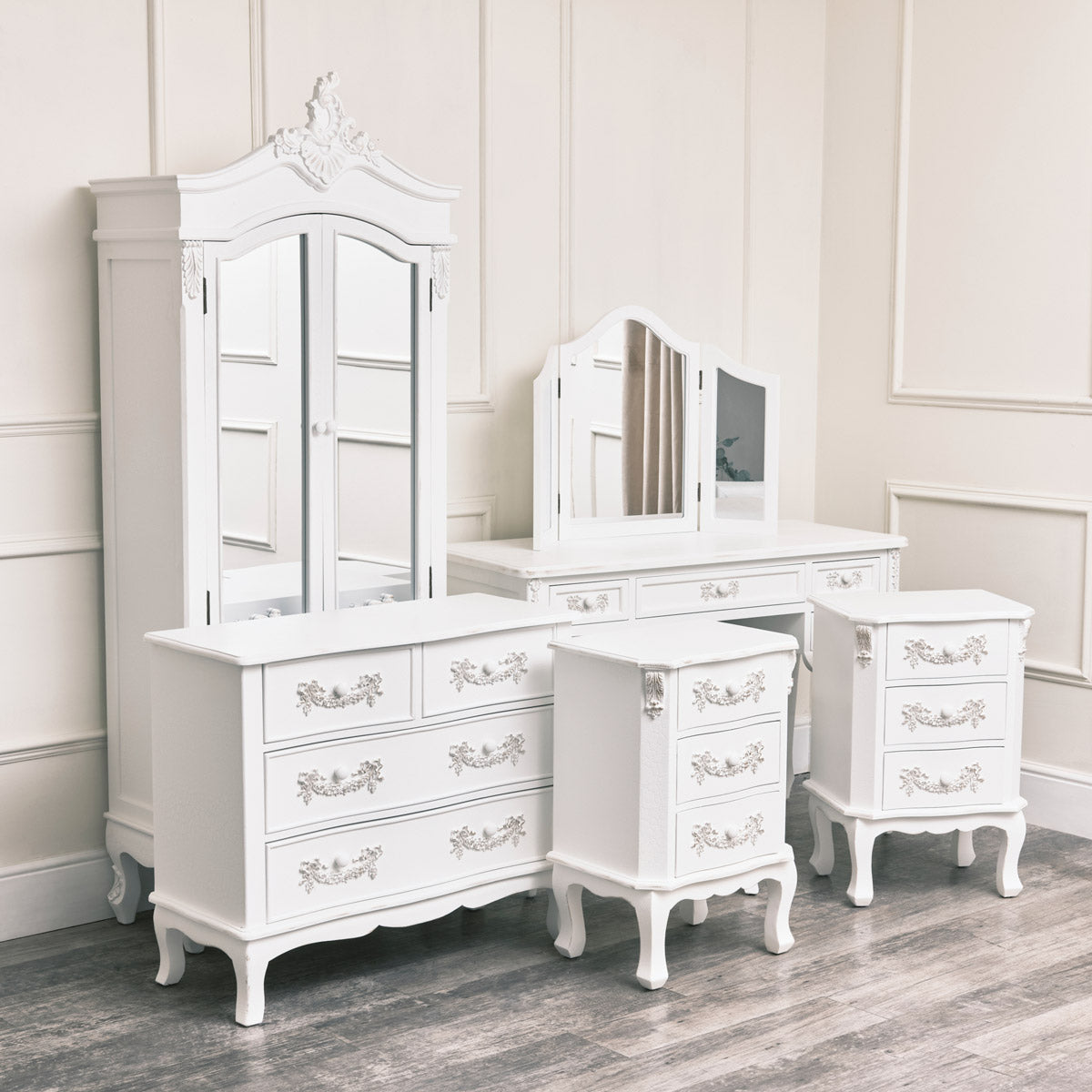 Antique White Closet, Dressing Table Set, Chest of Drawers & Pair of Bedside Tables - Pays Blanc Range Wood, Glass