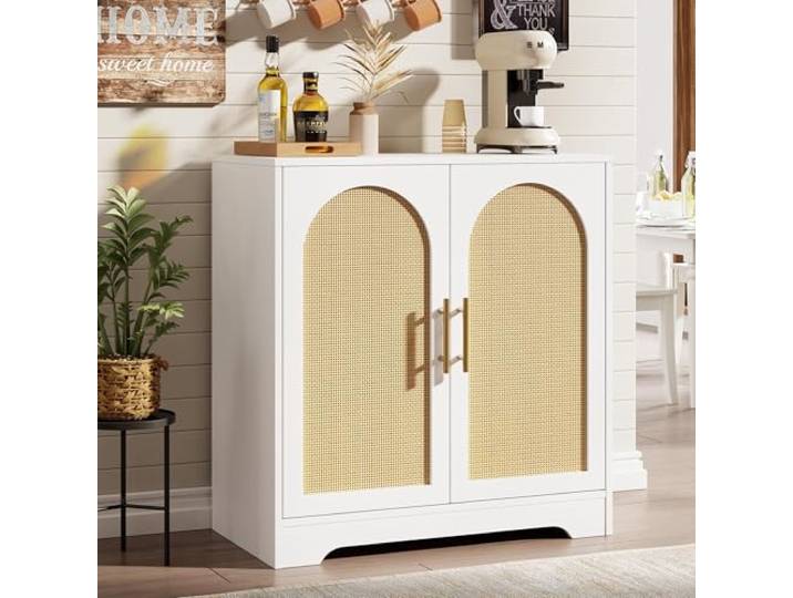 GarveeHome 2-Stöckiges Sideboard Mit Rattantüren, Buffetschrank Mit Metallgriffen, Für Esszimmer Und Wohnzimmer, 76,2 x 39,6 x 80 cm