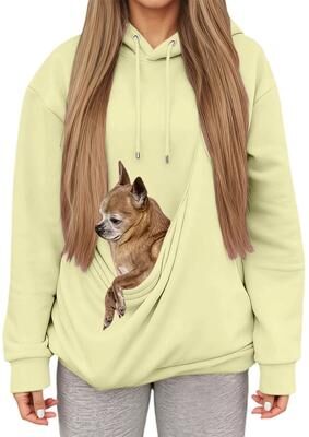 Uplifted Finds Autumn Winter Womens Hooded Sweatshirt With Pet Carrier Pocket Loose Fit Top xl beige