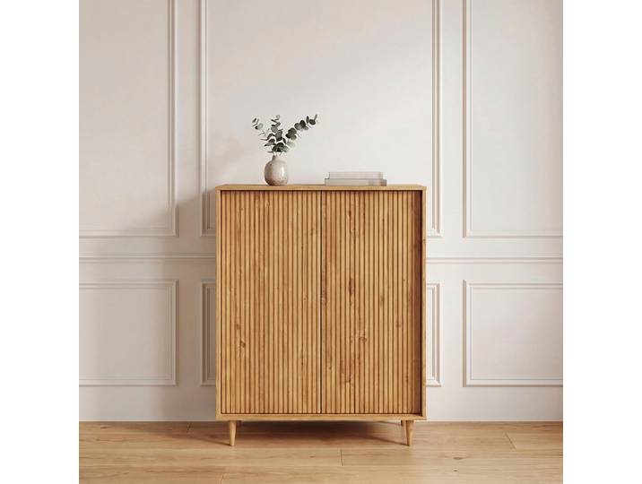 Highboard GOODPRODUCT Malmedy Midischrank mit einer Lamellenoptik und Push to Open Funktion , beige (natur), B:100cm H:120cm T:38cm, FSC-zertifiziertes Massivholz, MDF, Sideboards, Highboard, massives Kiefernholz, Push-to-open Funktion, verstellbare Einlegeböden