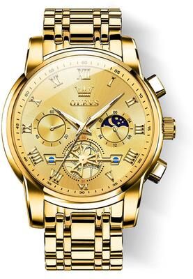 Inspired Deals OLEVS 2859 Men Quartz Watch With Luminous Display, Stainless Steel Band & 30M Waterproof gold
