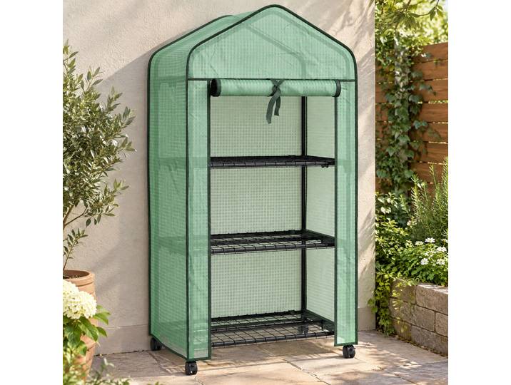 Outsunny Mini Serre 3 Étagères Bâche PE 4 Roulettes