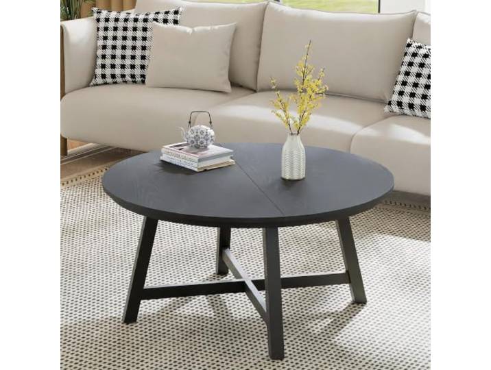 IDEALHOUSE Couchtisch Runder 90 cm Industrie-Stil Wohnzimmertisch mit Holzoptik, X-Gestell aus Metall, höhenverstellbaren Füßen – für Wohnzimmer, Büro