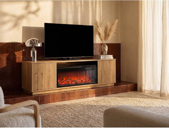 TV-Möbel mit 2 Türen - MDF - Mit LED-Kamin-Optik - Holzfarben & Schwarz - YEVINA
