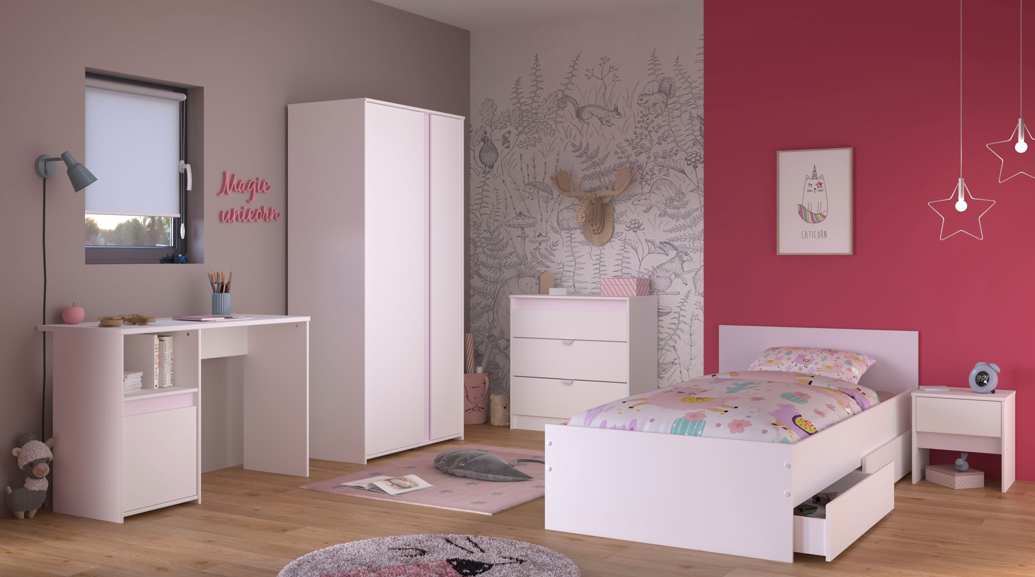 Jugendzimmer-Set PARISOT "Pirouette, farbige Einsätze drehbar- Rosa oder Grau", weiss (weiß), B/H: 90cm x 200cm, Holzwerkstoff, Schlafzimmermöbel-Sets, Jugendzimmer-Set, komplettes Jugendzimmer, für alle Zielgruppen weiß B/H: 90cm x 200cm