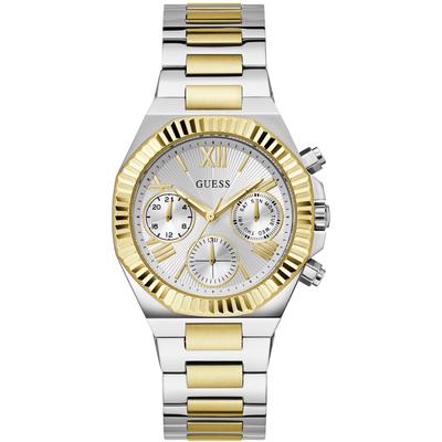 Multifunktionsuhr GUESS "EQUALITY", silber (silberfarben, gelbgoldfarben, silberfarben), Armbanduhren, Damen, silberfarben-gelbgoldfarben, Quarzuhr, Armbanduhr, Damen, Herren, unisex, Datum, Edelstahlarmband