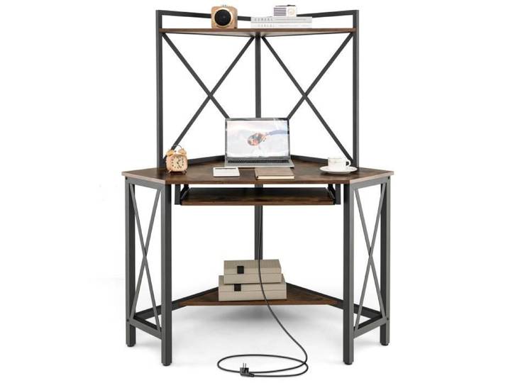 COSTWAY Bureau d'Angle Informatique avec Clapier Étagères et Plateau pour Clavier Prises Secteur et Ports USB Marron