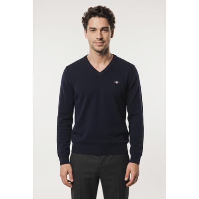 V-Ausschnitt-Pullover GANT "SUPERFINE LAMBSWOOL V-NECK", Herren, Gr. S, blau (marine), Strick, Obermaterial: 100% Wolle, normal, V-Ausschnitt, Rippbündchen, Pullover, regular fit aus reiner Wolle, gerippte Abschlüsse